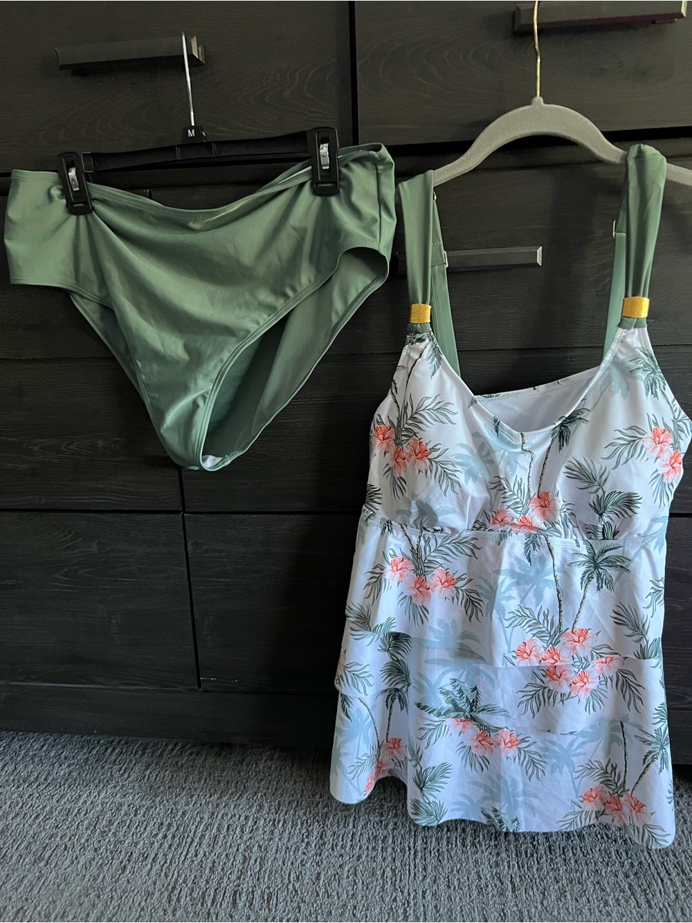 Amazon Sage Green Floral Tankini Set with Coral Accents